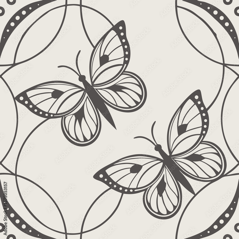 Fototapeta premium Seamless pattern with ornamental butterflies and circular motifs, ideal for wallpapers, textiles, and nature-inspired decorative projects.