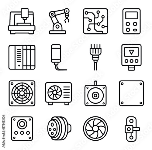 Industrial Hardware line art icons. CNC machine, robotic arm, circuit board, control unit, PLC controller, automation sensor, wiring harness, panel display, fan grid, cooling unit,