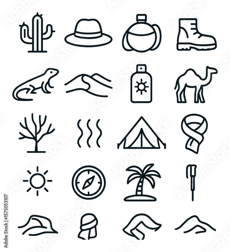 Desert Exploration line art icons. Cactus, sun hat, canteen, sand boots, desert lizard, dune icon, sunscreen, camel icon, dry tree, heat waves, desert tent, scarf wrap, desert sun,