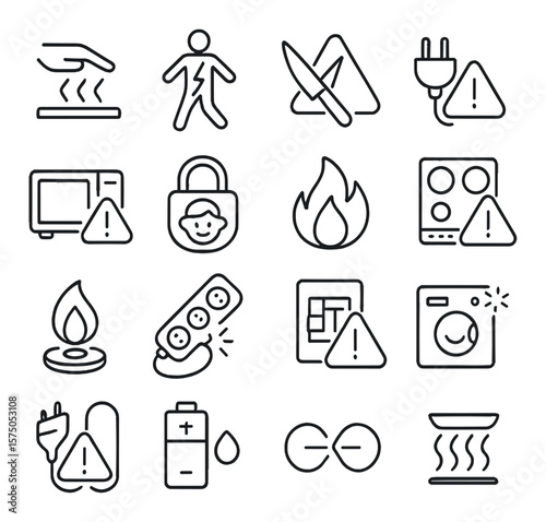 Home & Appliance Warnings line art icons. Hot surface warning, electric shock icon, sharp blade alert, plug caution, microwave alert, child safety lock icon, fire risk, stove