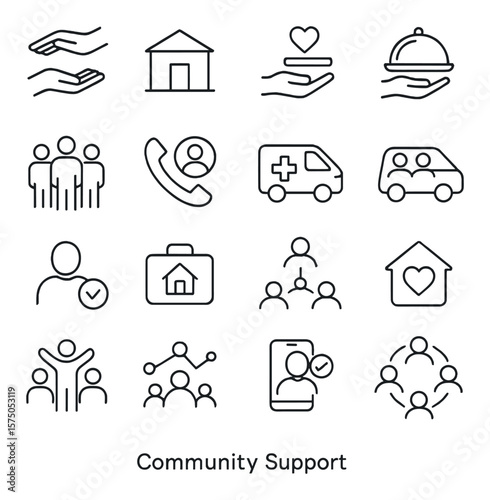 Community Support line art icons. Helping hands, community center, donation box, meal delivery icon, neighborhood group, support hotline, care van, shared ride icon, volunteer