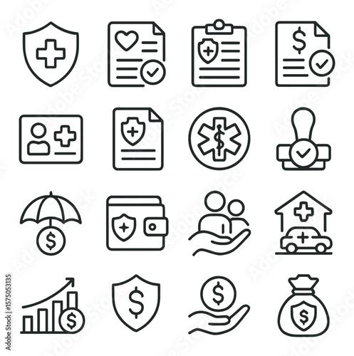 Health Insurance line art icons. Insurance shield, health policy, coverage plan, claim form, ID card, policy document, emergency cover, insurance approval stamp, protection