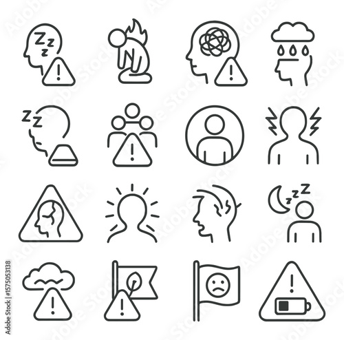 Emotional & Mental Health Warnings line art icons. Stress alert, burnout warning, anxiety caution, emotional overload icon, mental fatigue symbol, social pressure warning,
