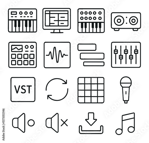 Music production tools line art icons. MIDI keyboard, DAW screen, synthesizer, audio interface, drum machine, sound sample, track layering, FX panel, VST plugin, loop icon, beat