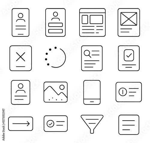 UX/UI Patterns line art icons. Onboarding screen, login form, dashboard layout, product card, error state, loading animation, search results, confirmation screen, profile view,