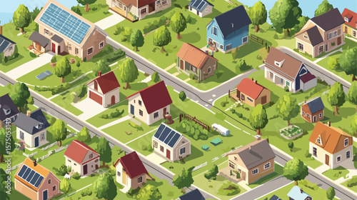 Isometric Village Setup with Solar-Powered Houses