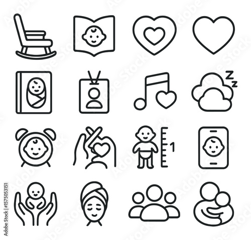 Parenting Support line art icons. Nursing chair, parenting book, support chat bubble, heart icon, baby care guide, caregiver badge, lullaby music, sleep advice, feeding timer, love