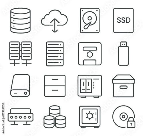 Data Storage Infrastructure line art icons. Database server, cloud drive, hard disk, SSD icon, RAID storage, data rack, tape backup, USB stick, external drive, file cabinet, NAS