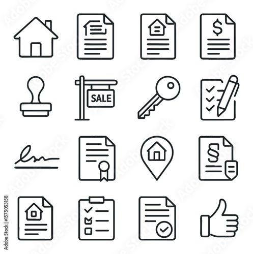 Real Estate Signings line art icons. House icon, real estate contract, property papers, mortgage document, open house folder, realtor stamp, sale sign, house key, pen with