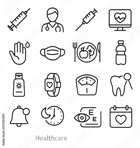 Preventive Healthcare line art icons. Vaccination icon, regular checkup, flu shot, health screening, hygiene hand, face mask, healthy food plate, water bottle, sunscreen bottle,