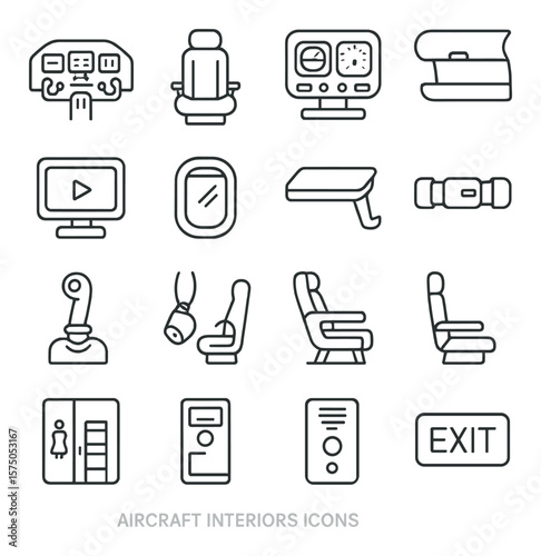 Aircraft interiors line art icons. cockpit, pilot seat, flight dashboard, overhead bin, in-flight entertainment screen, window view, tray table, seatbelt, control stick, oxygen