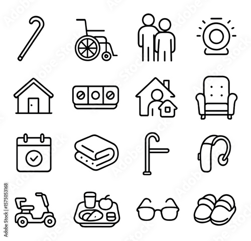 Elderly Care line art icons. Walking cane, wheelchair, caregiver figure, medical alert button, senior home, daily pill box, home visit icon, comfort chair, calendar reminder, warm