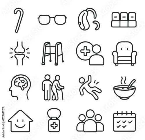 Elderly health line art icons. walking cane, glasses icon, hearing aid, pill organizer, joint health icon, walker frame, regular check-up symbol, comfort chair, memory support icon