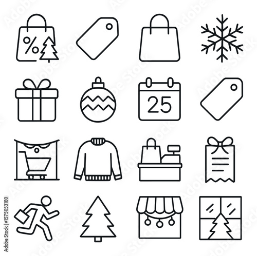 Seasonal shopping line art icons. Christmas sale icon, Black Friday tag, holiday bag, snowflake icon, gift box, seasonal decor, event countdown, clearance tag, festive aisle,