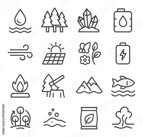 Natural Resources line art icons. Water source, forest resource, mineral icon, oil reserve, wind flow, solar rays, biodiversity symbol, energy reservoir, natural gas, tree