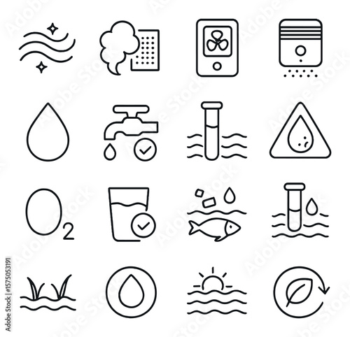 Air & Water Quality line art icons. Clean air symbol, smoke filter, air sensor, air purifier, water droplet, tap water safety, river test icon, water pollution alert, oxygen symbol