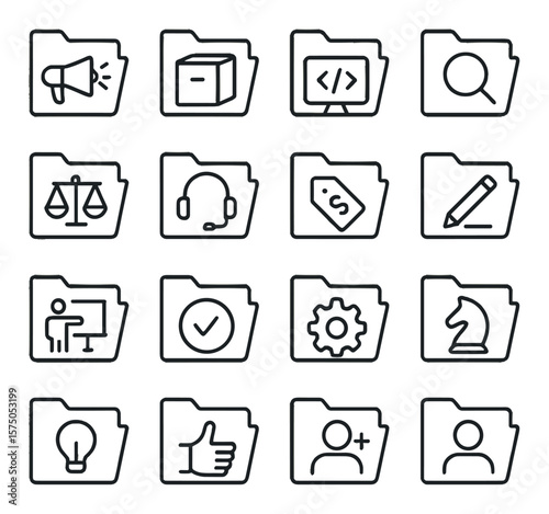 Project Folder Sets line art icons. marketing folder, product folder, development folder, research folder, legal folder, support folder, sales folder, design folder, training