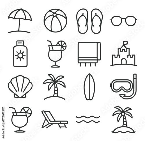 Beach Vacation line art icons. Sun umbrella, beach ball, flip flops, sunglasses, sunscreen, cocktail, towel, sandcastle, seashell, palm tree, surfboard, snorkel mask, tropical