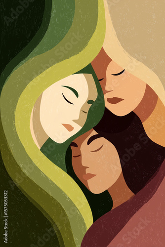 Three abstract female figures with diverse hair colors and styles. The figures are depicted with closed eyes, conveying a sense of unity and tranquility.