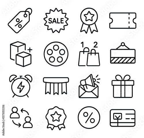 Promotions and offers line art icons. discount tag, sale badge, limited offer icon, coupon ticket, bundle deal, loyalty points, BOGO icon, clearance sale, flash sale clock,