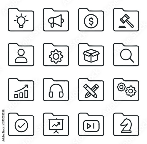 Project-Based Folders line art icons. design folder, marketing folder, finance folder, legal folder, HR folder, development folder, product folder, research folder, sales folder,