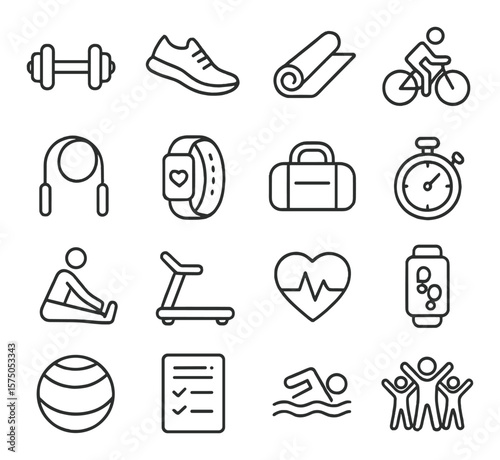 Exercise and wellness line art icons. dumbbell, running shoe, yoga mat, cycling icon, jumping rope, fitness tracker, gym bag, stopwatch, stretching pose, treadmill, heart rate icon