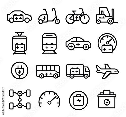 Battery in Transportation line art icons. Electric car battery, scooter battery, e-bike battery, forklift battery, tram battery, subway battery, hybrid vehicle battery, battery