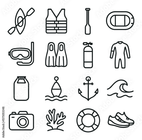 Water Adventures line art icons. Kayak, life vest, paddle, raft, snorkeling mask, diving fins, scuba tank, wetsuit, waterproof bag, buoy, anchor, wave icon, underwater camera,