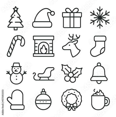 Christmas Celebration line art icons. Christmas tree, Santa hat, gift box, snowflake, candy cane, fireplace, reindeer, stocking, snowman, sleigh, holly branch, bell, mitten,