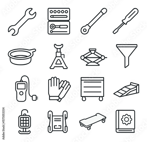 Car Repair Tools line art icons. Wrench, socket set, torque wrench, screwdriver, oil pan, jack stand, car jack, funnel icon, diagnostic scanner, work gloves, tool chest, service