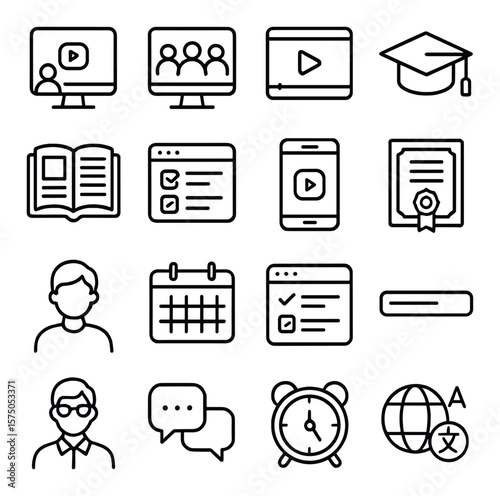Online Learning line art icons. Online course, virtual classroom, video lecture, graduation cap, e-book, quiz window, learning app, certificate, student avatar, calendar with