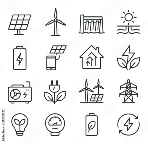Sustainable Energy line art icons. Solar panel, wind turbine, hydroelectric dam, geothermal icon, battery storage, solar charger, energy efficiency, green lightning bolt, eco