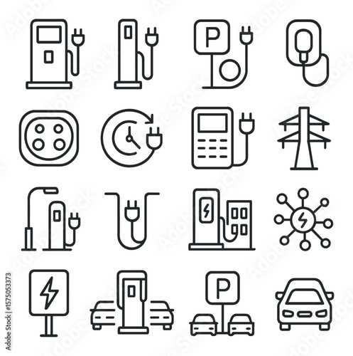Charging Infrastructure line art icons. Public charging post, roadside charger, parking station with plug, wall-mounted charger, dual charger ports, charge time icon, payment