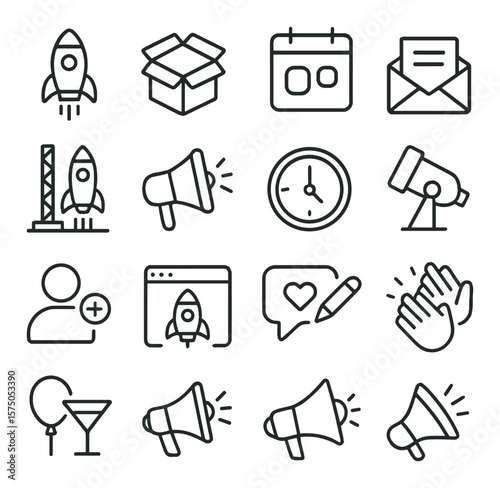 Startup Launch line art icons. Rocket icon, product release, launch date calendar, email campaign, launchpad icon, megaphone, countdown clock, spotlight icon, customer onboarding,