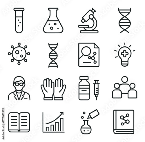 Medical Research line art icons. Test tube, lab flask, microscope, gene icon, virus cell, DNA strand, research file, medical discovery lightbulb, scientist profile, lab gloves,