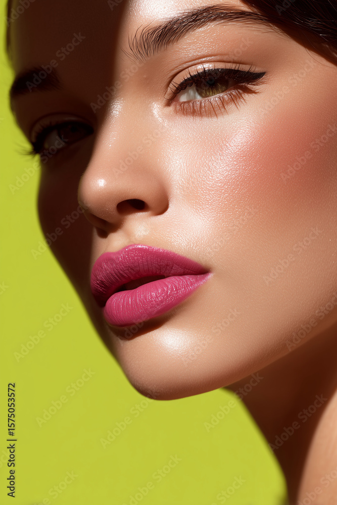 Close-up of a young woman with long dark hair and bold pink lipstick. She has a smooth complexion and striking features against a vibrant green background. Close-up of a young woman with long dark hair and bold pink lipstick. She has a smooth complexion and striking features against a vibrant green background.