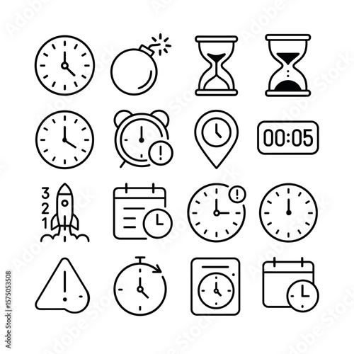 Countdown & Deadlines line art icons. Countdown clock, ticking bomb, time running out icon, expiring hourglass, final seconds, red alert clock, urgent time marker, event countdown,