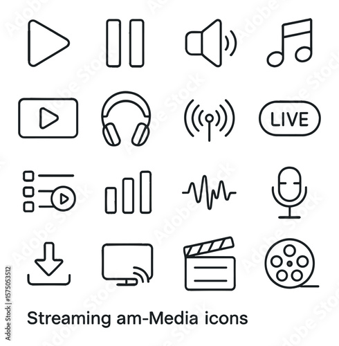 Streaming and Media line art icons. Play button, pause icon, volume speaker, music note, video player window, headphones, radio waves, live badge, playlist icon, equalizer, audio