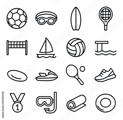 Summer Sports line art icons. Beach soccer ball, swim goggles, surfboard, tennis racket, volleyball net, sailing icon, water polo ball, diving board, frisbee, jet ski, paddle ball