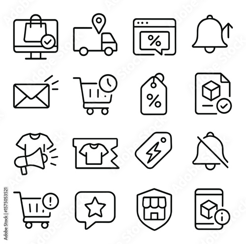 E-commerce Updates line art icons. Order status icon, shipping update, discount popup, restock alert, email blast, cart reminder, promo code icon, order confirmed icon, new item