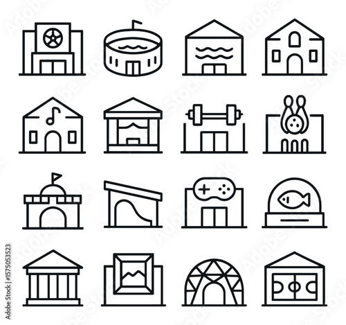 Recreational Buildings line art icons. Cinema building, sports stadium, swimming pool hall, community center, concert hall, theater icon, fitness gym, bowling alley, amusement park