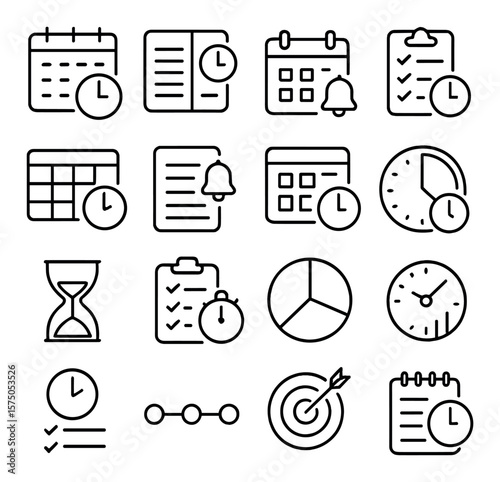 Time Management line art icons. Calendar clock, schedule planner, deadline icon, task reminder, event alert, time block, daily agenda, stopwatch with list, time pie chart, hour