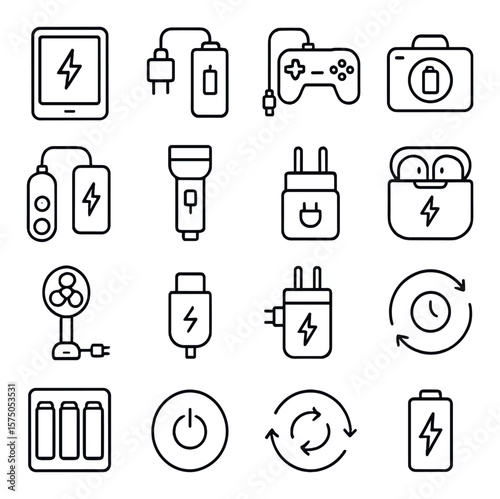 Portable Electronics line art icons. Tablet with charging icon, e-reader battery, game console charger, camera battery, portable speaker charge, flashlight battery icon, travel