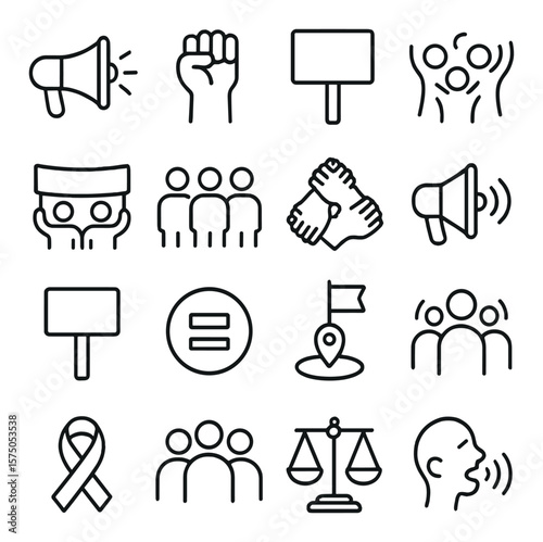 Protests & Activism line art icons. Megaphone, raised fist, protest sign, crowd wave, banner icon, peaceful march, unity icon, loudspeaker, slogan board, equality symbol, rally map