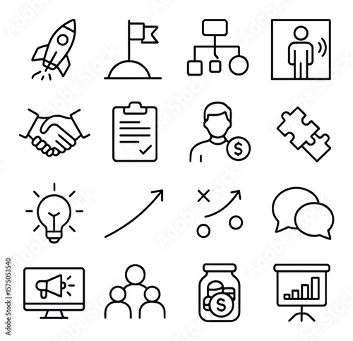 Startup creativity line art icons. rocket launch, goal flag, flowchart, elevator pitch icon, handshake, business plan, investor icon, puzzle pieces, innovation icon, growth arrow,