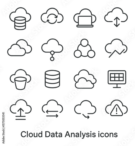 Cloud Data Analysis line art icons. Cloud database, cloud sync icon, cloud computing, data replication, hybrid cloud, serverless node, API connection, cloud chart, data bucket,