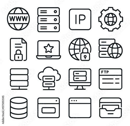 Website Hosting & Domains line art icons. Domain icon, server rack, IP address icon, DNS settings, SSL certificate, hosting plan icon, domain lock, server globe, registrar symbol,