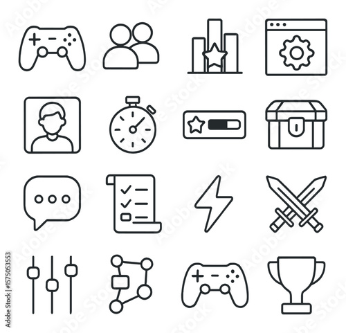 Online Gaming line art icons. Game controller, multiplayer icon, leaderboard, game lobby, character avatar, match timer, XP bar, loot box, in-game chat, quest log, power-up icon,