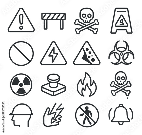 General Safety Warnings line art icons. Exclamation mark triangle, caution tape, danger symbol, slippery floor sign, do not enter icon, high voltage sign, falling rocks warning,