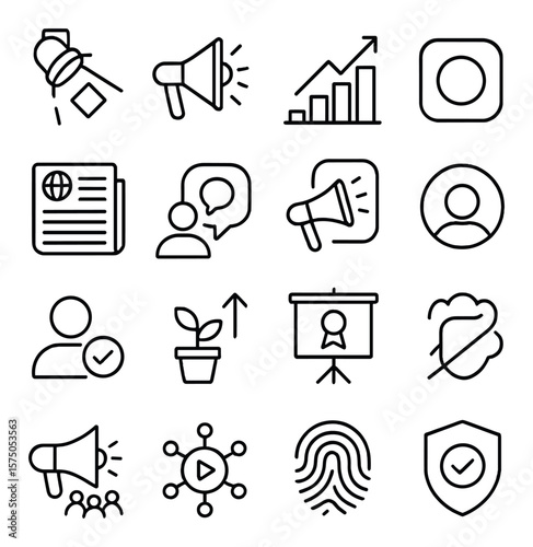 Brand Visibility and Awareness line art icons. Brand spotlight, marketing reach icon, impression chart, logo reveal, public relations, storytelling icon, brand voice, brand